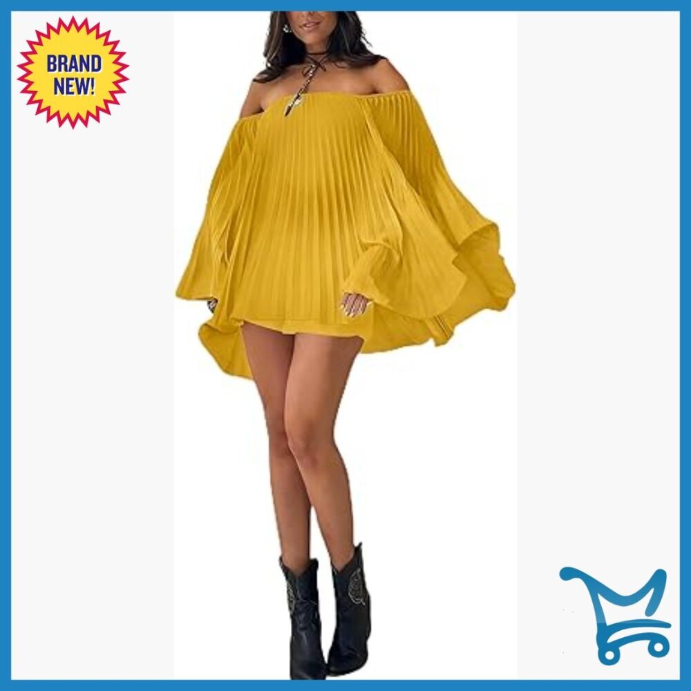 Pleated Off-Shoulder Top and Shorts Set, 3/4 Sleeve, Polyester, Small